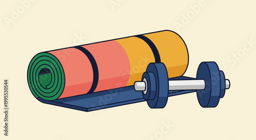 Vibrant illustration of a yoga mat and dumbbell, essential equipment for home workouts, fitness training, and promoting an active, healthy lifestyle