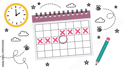 Personal schedule planner calendar with clock and pencil vector illustration for time management organization and habit tracking goals