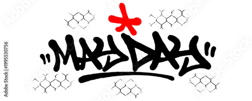 Hand style graffiti tag featuring the word May Day with a star accent. Urban street art lettering against a wire fence background representing labor movement and workers day.