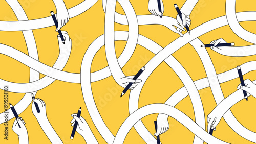 Multiple hands draw curving lines with pencils against a vibrant yellow background