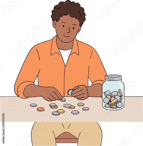 A man sits at a table counting coins from a jar