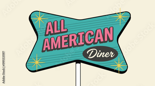 Vintage Retro American Diner Sign Illustration for Classic Restaurant Branding and Nostalgic Cafe Marketing