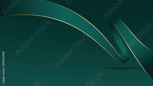 Luxury green background vector design. Dark green background with curved ribbon and gold line decoration. Suit for banner, backdrop, presentation, award, certificate and others
