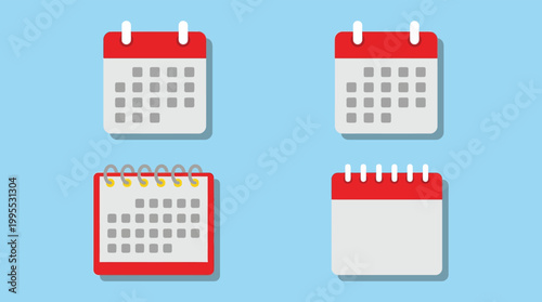 Four red and white calendar icons for date planning scheduling agenda and business time management on light blue background