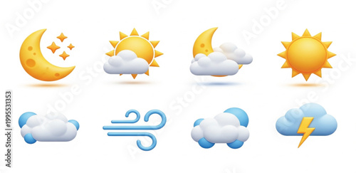 3D Weather Icon Set with Sun Moon Clouds Wind Lightning and Rain Symbols for Weather Forecast Apps Mobile UI Websites and Meteorology Graphic Designs