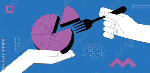 Hand Serving Pie Chart While Fork Takes Slice Representing Market Share Data Analysis Business Competition and Revenue Distribution Concept