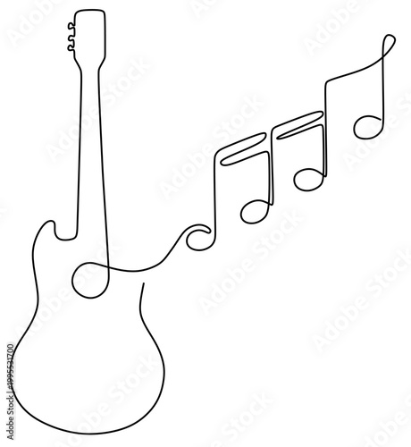 continuous line drawing of a guitar with lines extending to the right forming musical notes. vector image of a single continuous line on a white background. world music day