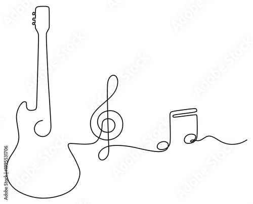 continuous line drawing of a guitar with lines extending to the right forming musical notes. vector image of a single continuous line on a white background. world music day