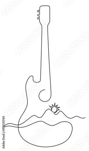 a continuous line drawing of a guitar with lines extending to the right to form mountains and the sun. a single continuous line vector drawing on a white background. world music day