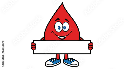 Happy Red Droplet Mascot Character Holding Empty Signage Board for Healthcare and Blood Donation Awareness