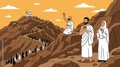 Islamic Pilgrims Praying on Sacred Mountain During Hajj Pilgrimage Flat Vector Illustration for Religious Content
