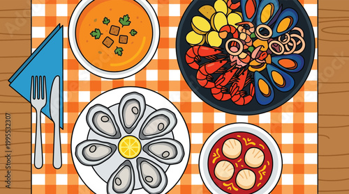 Fresh Seafood Dinner Illustration with Oysters Shrimp and Soup on Checkered Tablecloth Top View