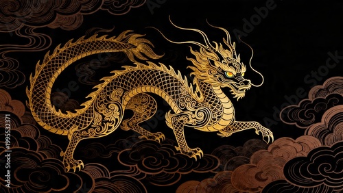 Golden dragon in clouds
