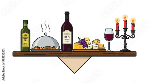 Gourmet Dinner Illustration with Red Wine Cheese and Roasted Chicken on Wooden Shelf