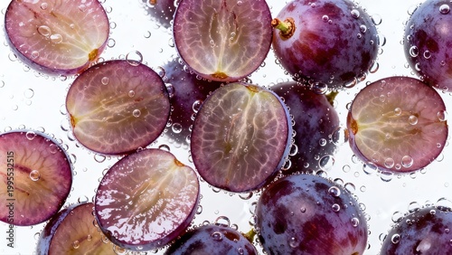 Sliced purple grapes in water