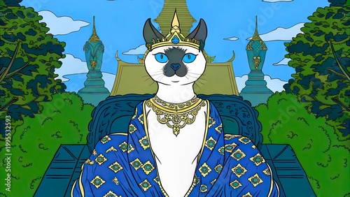 Siamese cat dressed as a royal figure sits in front of a temple in a colorful scene