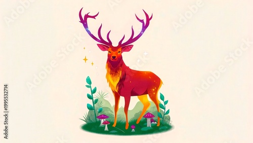Colorful deer standing among plants and mushrooms in a bright setting during daylight