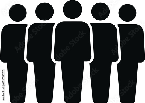 Simple line art icons of five standing people in a row flat style graphic.