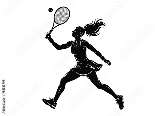 Silhouette of a female tennis player in action hitting a ball with a racket, professional athlete playing tennis, vector illustration