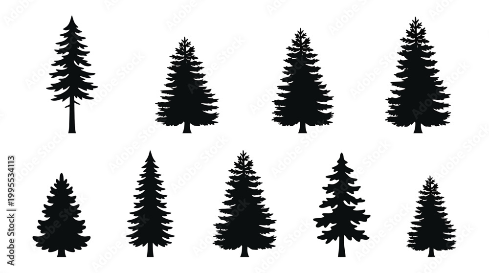 Obraz premium Set of pine tree silhouettes, collection of evergreen coniferous trees, fir tree shapes, forest elements for landscape design