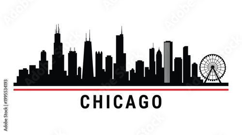 Chicago city skyline silhouette vector illustration iconic buildings and ferris wheel of chicago, illinois, usa flat design style, black and white graphic for travel, tourism, and city branding