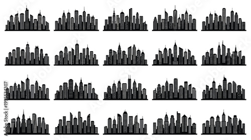 Set of city skylines, urban landscape silhouettes with skyscrapers and buildings, vector illustration