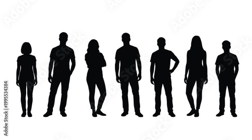 Silhouettes of a group of diverse men and women standing in a row