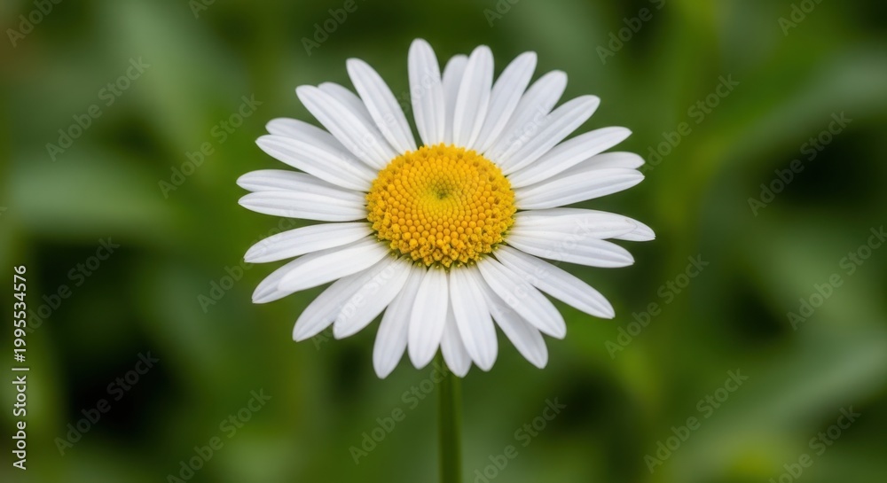 Fototapeta premium Beautiful white daisy flower with yellow center in green garden