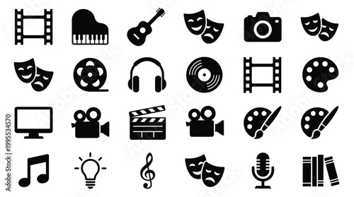 Set of creative arts and entertainment icons including music, cinema, theater, painting, and photography symbols