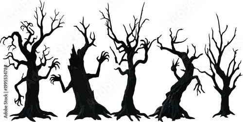 A silhouetted illustration depicts five eerie gnarled trees with reaching branch like arms against a white background