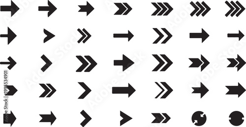 Collection of various black arrow symbols on white