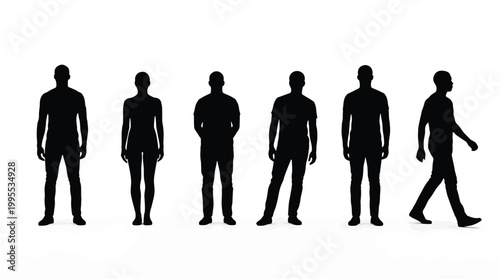 Set of black silhouettes of people in different poses, men and woman standing and walking
