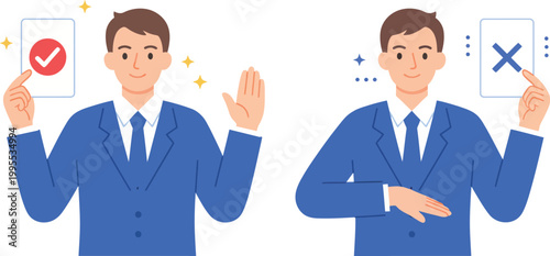 A man in a blue suit is depicted twice once approving with a checkmark and once disapproving with an 'x' symbol