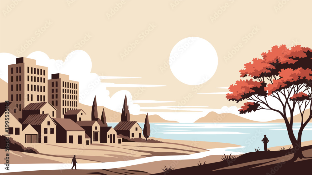 Fototapeta premium Serene landscape illustration of a coastal town with small houses and tall buildings overlooking a calm body of water during the sunset.
