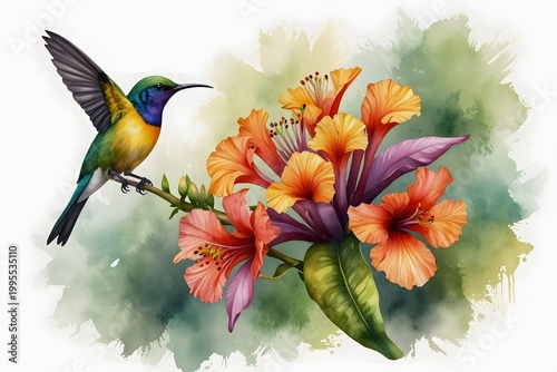 Sunbird perched on a colorful tropical flower
