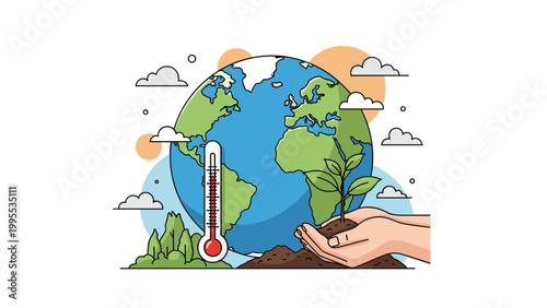 Conceptual image of environmental protection showing hands holding a young plant in soil with a global map and thermometer in the background.