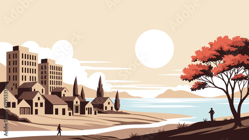 Serene landscape illustration of a coastal town with small houses and tall buildings overlooking a calm body of water during the sunset.