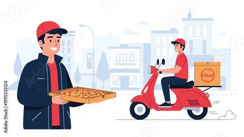 Professional pizza delivery man holding a fresh boxed pizza while another courier rides a red motor scooter through a stylized city street.