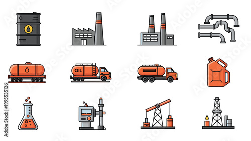 Detailed set of icons related to the oil and gas industry including barrels, factories, pipelines, tanker trucks, oil rigs, and lab equipment.