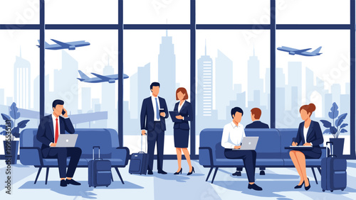 Busy airport terminal interior filled with business travelers waiting for their flights with laptops, luggage, and airplanes visible outside.