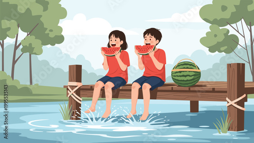 Two children sitting on a wooden dock by the water, happily eating slices of fresh red watermelon during a sunny day at the lake or river.