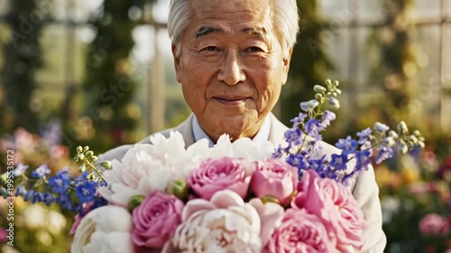 Elderly East Asian man in a beige suit holding a large bouquet of pink roses, white peonies, and blue delphiniums in a bright garden, smiling down at the flowers in appreciation.