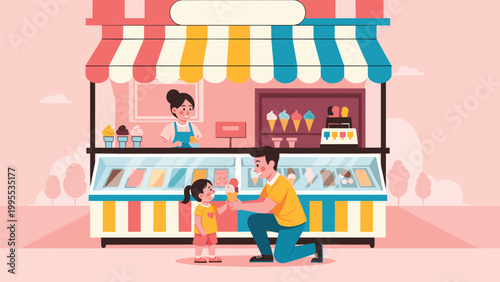 Father and his young daughter enjoying ice cream cones in front of a colorful ice cream parlor with many flavors on display in a park.