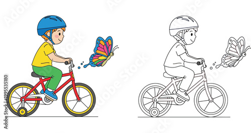 Little Boy Riding Bicycle with Butterfly Illustration and Coloring Book Page for Kids Education Activity Vector Design