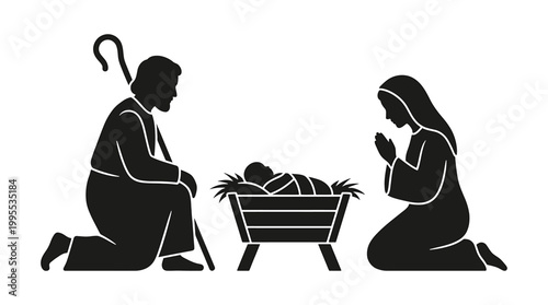 Nativity scene silhouette illustration featuring joseph with a staff, mary praying, and baby jesus in a manger religious christmas holy family vector design for holiday cards and decor