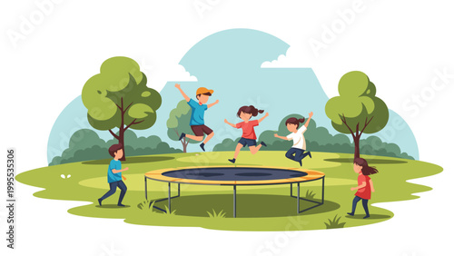 Group of happy children jumping and playing on a large trampoline in a green park on a beautiful sunny afternoon.