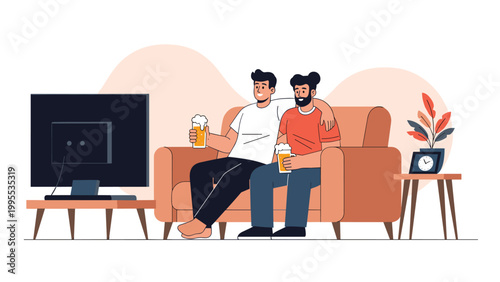 Two friends sitting comfortably on a sofa at home while watching a sports game on TV and drinking cold glasses of beer.