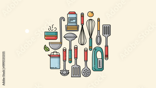 Collection of various kitchen utensils and cooking tools arranged in a neat circular pattern on a plain background.