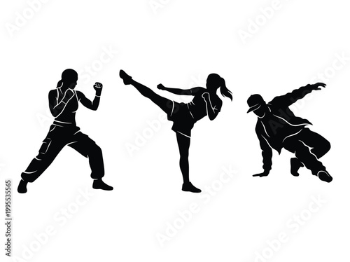 Set of silhouettes of people in action poses, including a woman in a fighting stance, a woman performing a high kick, and a man breakdancing
