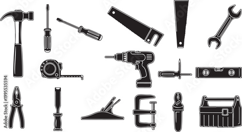 Collection of various black tools and equipment icons